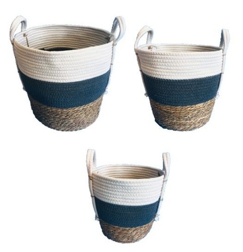 Set of 3 Cotton Rope Basket with Handles Woven Storage Laundry Planter Large - Picture 2 of 8