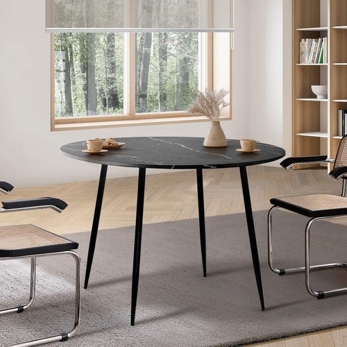 Oikiture 110cm Dining Table With Marble Effect Round Wooden Grey&Black - Picture 5 of 9
