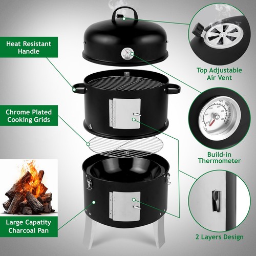 3-In-1 Vertical Charcoal Smoker Grill, Cyndrical BBQ , 2 Racks, 2 Doors, 3 Hooks - Picture 9 of 12