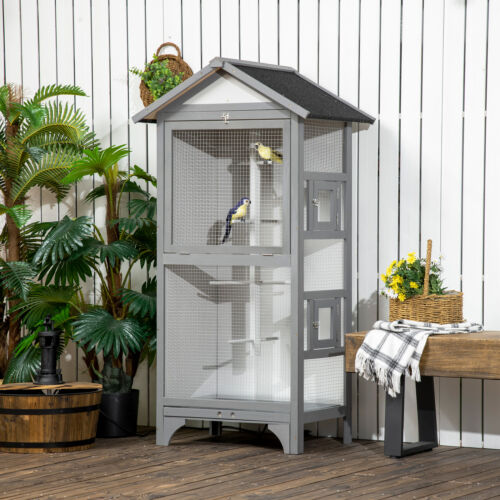 PawHut Wooden Bird Aviary, Outdoor Bird Cage for Finch, Canary w/ Tray - Grey - Picture 2 of 11