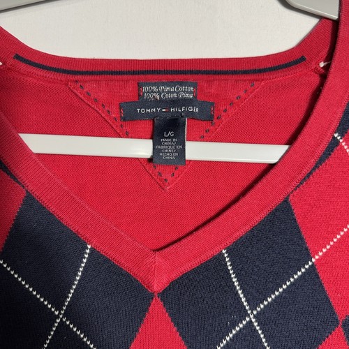 Suéter Tommy Hilfiger Para Mujer Rojo Argyle Cuello en V Preppy Pima Algodón Talla Grande - Imagen 3 de 6