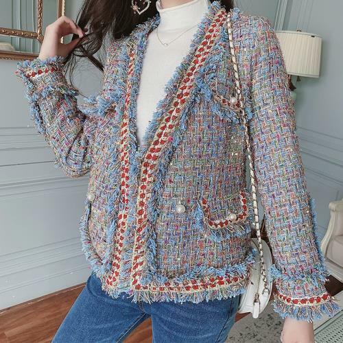 Women's Elegant Tweed Jacket Outwear Slim Tassels V-neck Short Coat Party Chic L - Picture 6 of 13