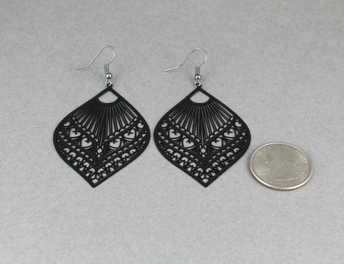 Black teardrop earrings cut out filigree scroll oval 3" long Very lightweight - Picture 9 of 11