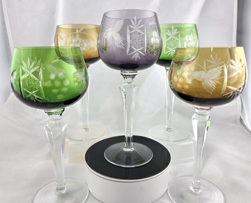 VINTAGE BOHEMIAN CUT-TO-CLEAR MULTICOLOR Crystal WINE GLASSES 8" - SET OF 5 - Picture 6 of 6