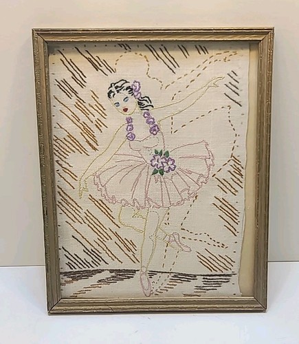 Vintage Hand Embroidered Ballerina Artwork On Fabric Framed 8" X 10"