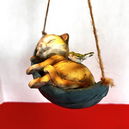 "Estatuilla colgante hamaca gato durmiente en hoja 8"" con pájaro" - Imagen 5 de 8