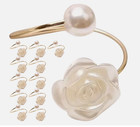 Elegant 6 Pack Pearl Napkin Rings with White Rose for Dinner Party Decor