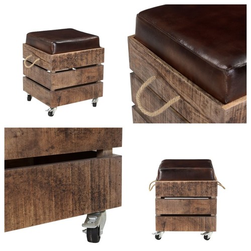 Sitztruhe VINTAGE Hocker Leder Truhenbank mit Rollen Massivholz Stauraum Design - Bild 4 von 6