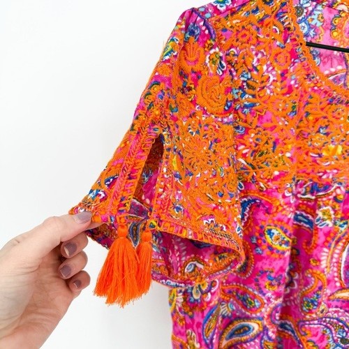 Savanna Jane Women's Small Bright Colorful Embroidered Paisley Tasseled Blouse - Picture 5 of 9