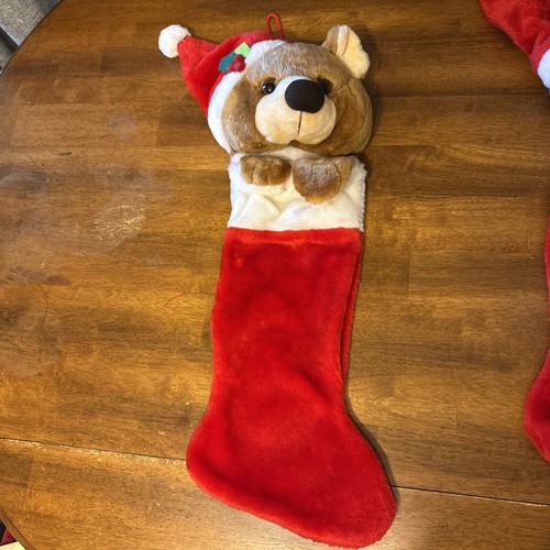 2 Vintage Smithy Stuffed Teddy Bear Stockings Plush Santa Hat Red Christmas Head - Picture 10 of 20