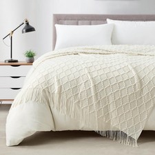 White Knitted Throw Blanket, 50x70 Inches, Jacquard Argyle, Textured, Sofa, Bed