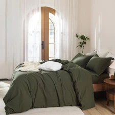 Olive Green Cotton Duvet Cover Set with buttons in king, Twin XL and other size.
