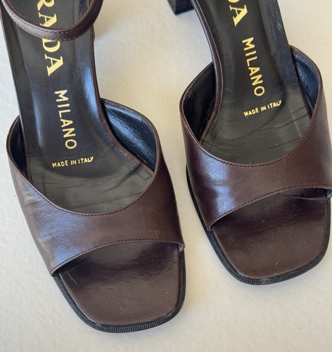 Prada Block Heel Sandals Ankle Strap Open Toe Brown Leather Italy EU 36-1/2 - Picture 3 of 11