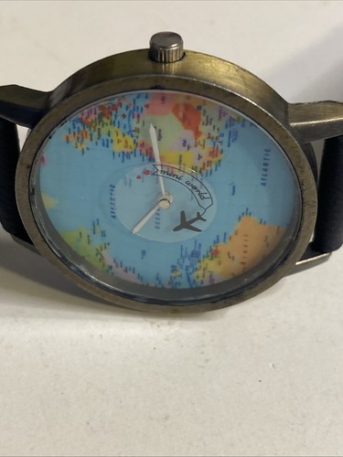Mini Weltkarte Uhr rundes buntes Zifferblatt bronzefarben schwarzes Schnallenband FUNKTIONIERT! - Bild 5 von 8