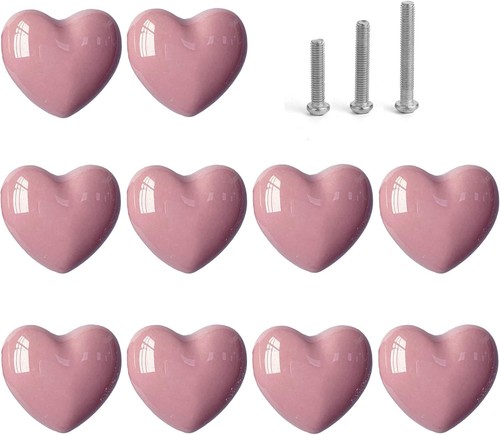 Ceramic Drawer Knobs Heart Shape Cabinet Dresser Pulls Handles 10 Pack, Pink