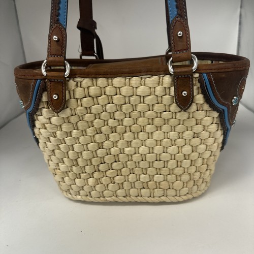 Brighton Purse Woven Raffia Western Leather Small Floral Boho Studded Bucket - Picture 5 of 17