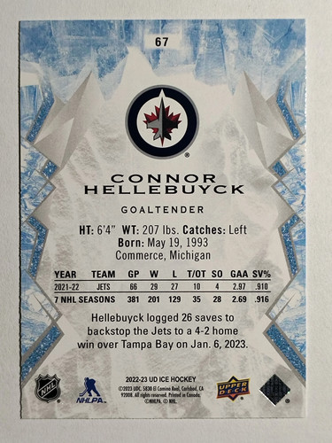 2022-23 Upper Deck Ice Green #67 Connor Hellebuyck - Bild 2 von 2