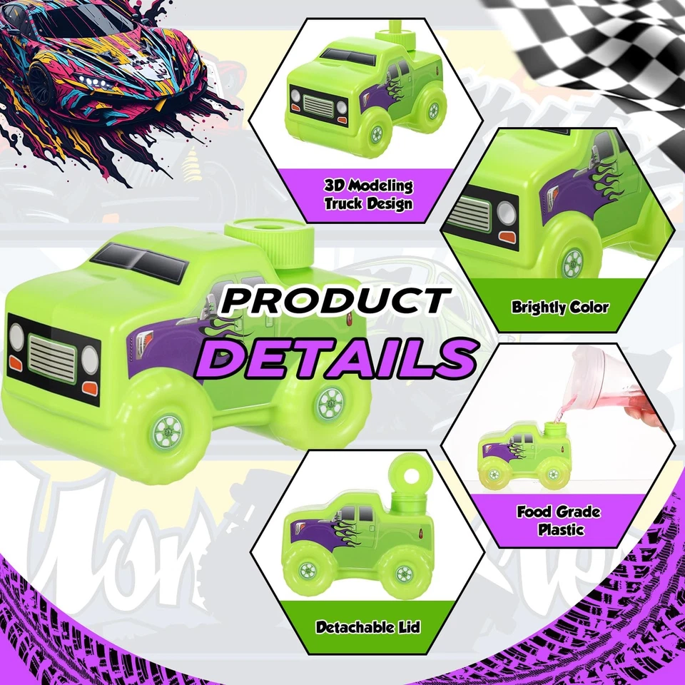 12 Set Green and Purple Monster Truck Road Cups with Straws, Plastic Vehicle ... - Image 4 of 4