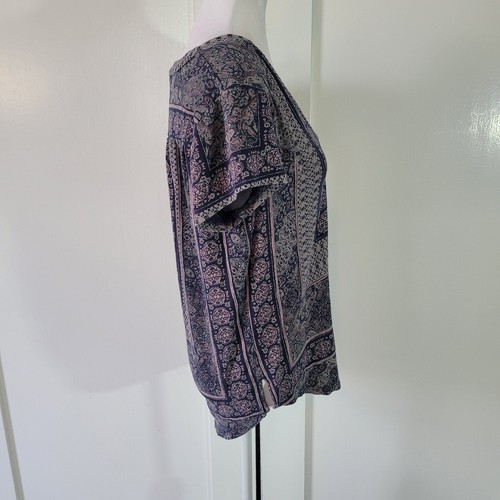 Lucky Brand Size L Bandana Top Blue V-Neck Short Sleeve Top T-Shirt Festival - 第 3/10 張圖片