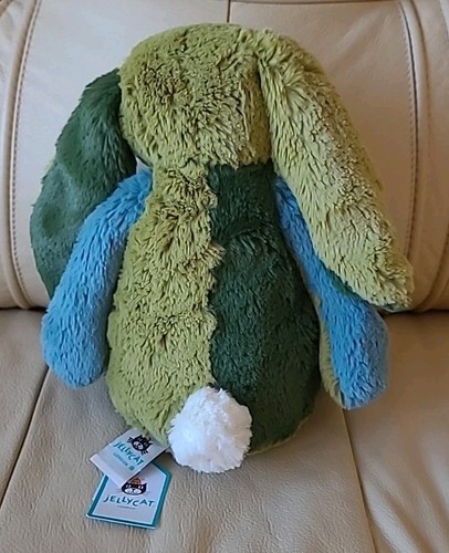 Jellycat Basil Bashful Patchwork Bunny Green Blue Medium Dust Bag New With Tags - Picture 4 of 9