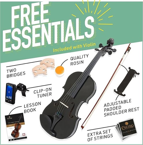 Mendini By Cecilio Violin For Kids & Adults, 4/4 MV Metallic Violins - Black-- - Picture 5 of 8