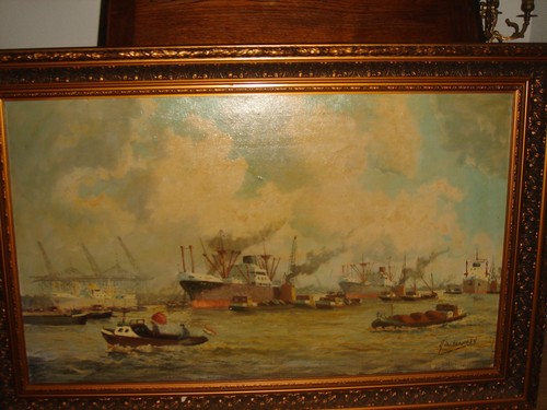 Large old oil painting, { Adrie verveen ( 1912- 1988 ), beautiful harbor view}. - Picture 6 of 16