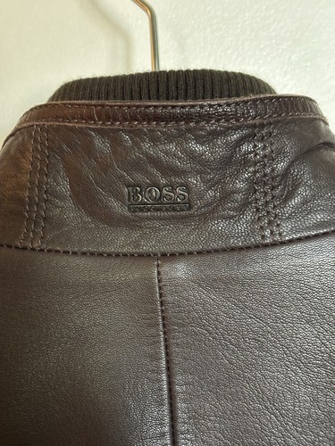 HUGO BOSS MENS LEATHER JACKET Size 44R Bomber Motorcycle Jacket Brown Excellent! - Picture 6 of 10