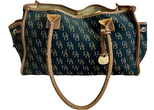 Vintage Dooney & Bourke Monogram Canvas Satchel Tote Bag USA Made Brown Leather