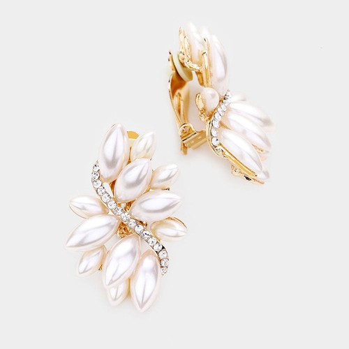 Clip on 1 3/4" gold & white pearl pointed flower earrings w/clear stones - Picture 3 of 4