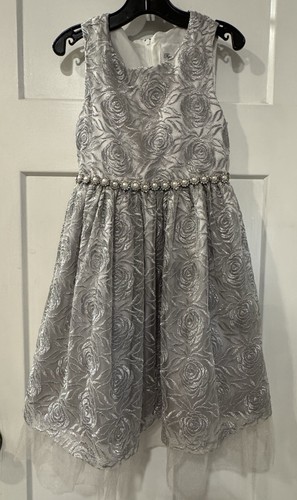 Rare Editions Girls Sz 6 Gray Brocade Rhinestone Christmas Or Wedding Dress  M12