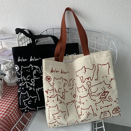 Bag Cat Tote Bag with Zipper Pocket Aesthetic Cute Cloth Bag Reusable Grocery Sh - Picture 2 of 7