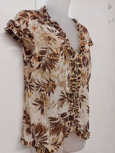 Per Una Ladies Blouse 14 Brown Gold Multi Leopard Short Sleeve Ruffle V Neck
