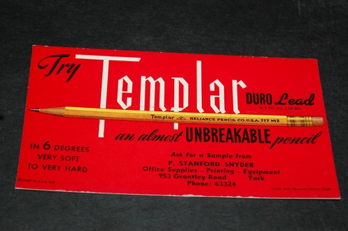 LÁPIZ DE PLOMO TEMPLAR DURO TARJETA COMERCIAL DE COLECCIÓN, 1939, P. STANFORD SNYDER, YORK, PA - Imagen 2 de 3