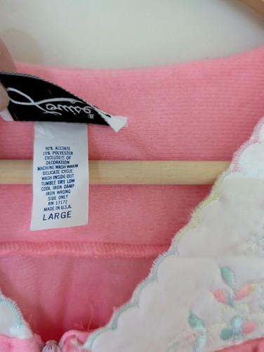 Vintage Velour Robe Womens Large Pink With Flower Embroidery Maxi House Coat - Picture 5 of 7