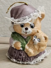 Vintage Jasco Caring Critter Chimer Mama/Baby Cat Bisque Porcelain Bell Ornament