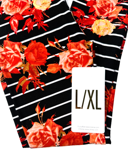 NEW Lularoe Leggings Girls L/XL (sz 8-14) Black White Stripes Colorful Roses - Picture 4 of 12