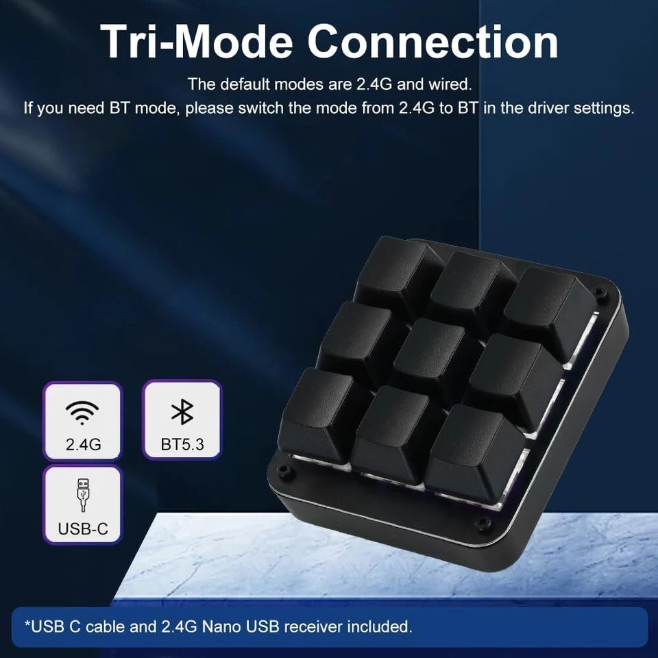 Teclado Macro Programable Tri-Modo 9 Teclas Inalámbrico 2.4G/Bluetooth 5.3/Con Cable USB-C Foto 2 de 4