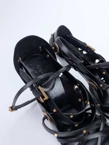 NEW - GUCCI Women's Sz US 8 EU38 Studded Strap Sandal Heels Black Leather Italy - Picture 4 of 11