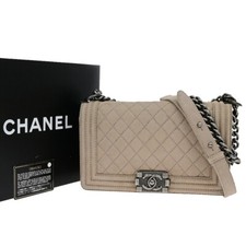 CHANEL CC Boy Chain Shoulder Bag Suede Grained Calf Skin Leather Beige 396RK895