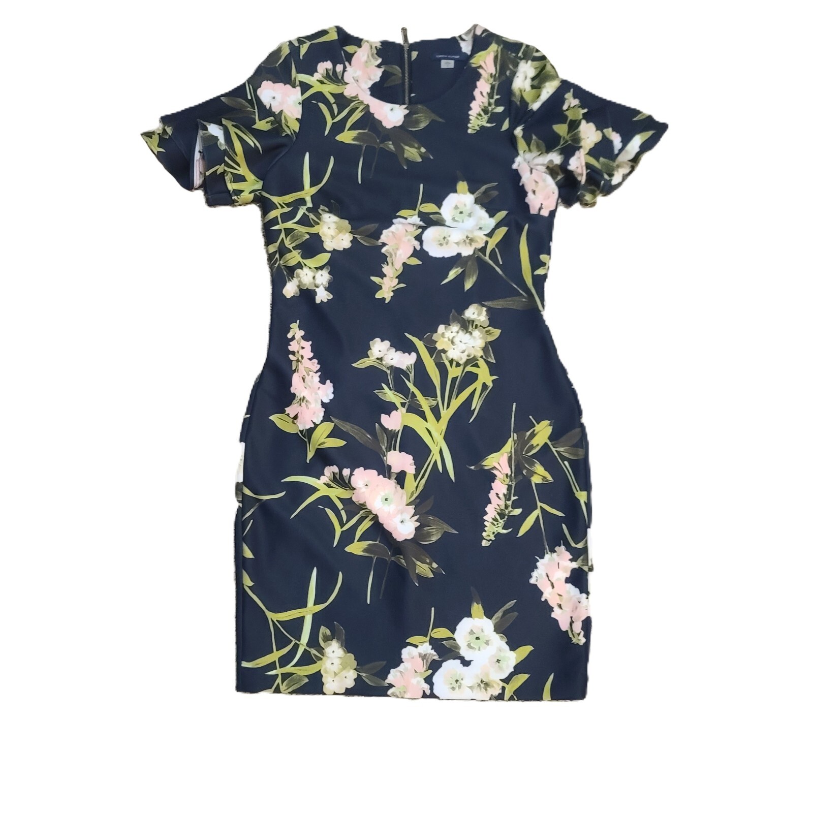 Tommy Hilfiger Womens Navy Floral Ruffle Sleeve Sheath Dress Size 8 Cocktail Party