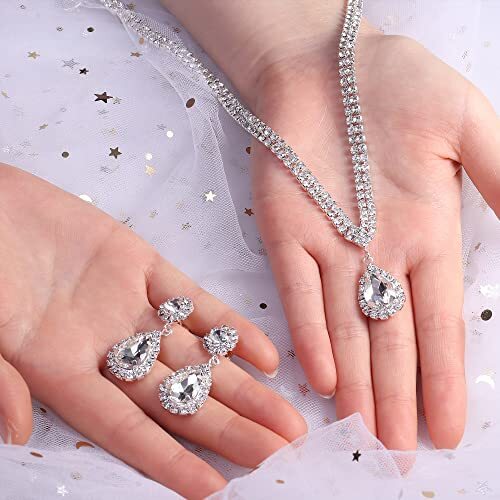 Sparkled Jewelry Set for Women Silver Rhinestone Necklace Teardrop Classic - Picture 4 of 7