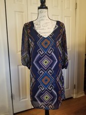 Dress Bebop Medium Blue Multi Geometric Sweetheart Neck 3/4 Slit Sleeves EUC 