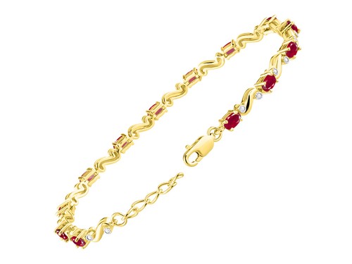 RYLOS RUBY & DIAMOND TENNIS BRACELET YELLOW GOLD PLATED SILVER 7-8" - Picture 3 of 6