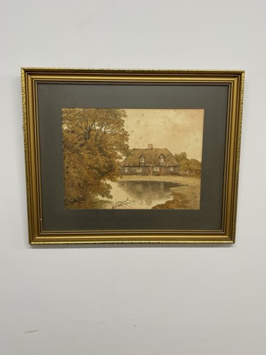 Vintage Framed Watercolour – Thatched Cottage by a Lake, Countryside Scene - Foto 8 di 15