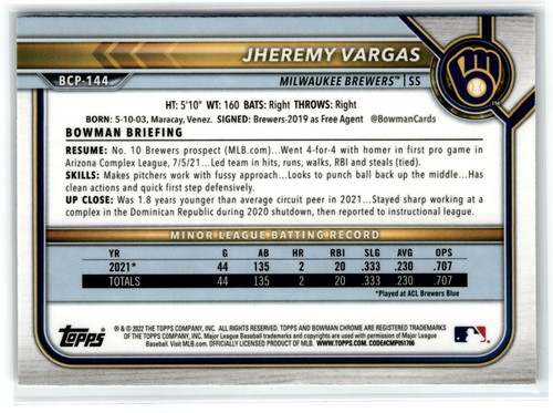 2022 Bowman Baseball (Chrome Prospects) - Pick a Card - Complete Your Set - Picture 174 of 182