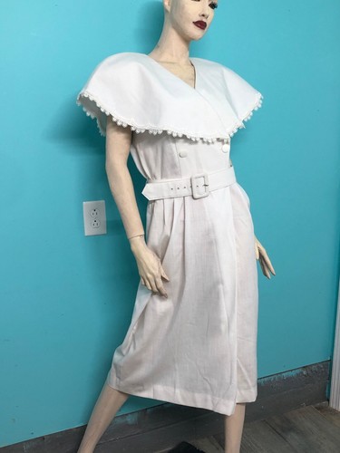 Vestido De Colección Años 80 Blanco Lino Dbl Pechos Manga Corta Dolman @Rodilla ¡ENORME Cuello! L - Imagen 3 de 10