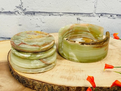 Banded Green Onyx Coaster Set of 4 with Holder, Anti Scratch, Surface Protection - Picture 2 of 10