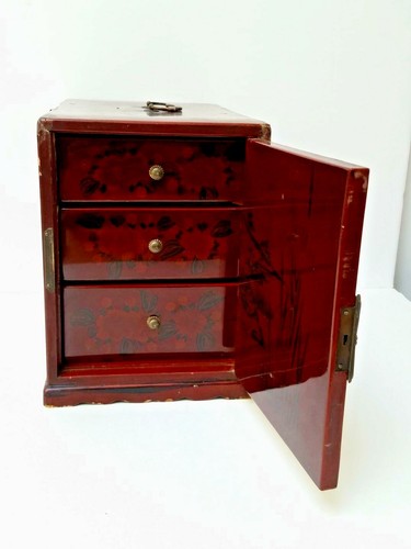 Antique Chinese Japanese Red Lacquer Jewelry Lock Box - Picture 6 of 9