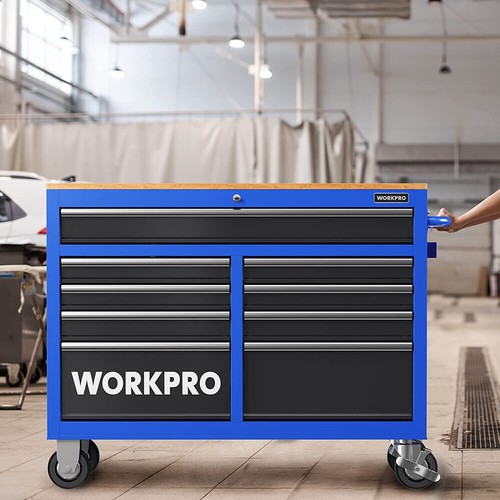 46-Inch 9-Drawers Rolling Tool Chest Mobile Tool Storage Cabinet with Wooden Top