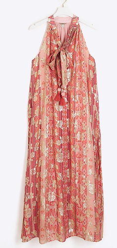 BNWT River Island Smock Chiffon Red Pink Floral Glitter Shift Maxi Dress UK 8 36 - Picture 2 of 7